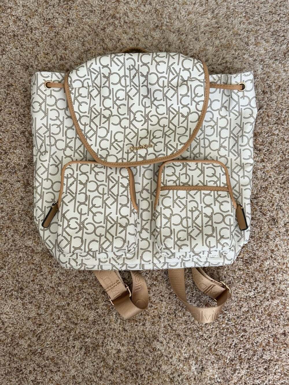 Calvin Klein Monogram Logo Backpack White Tan